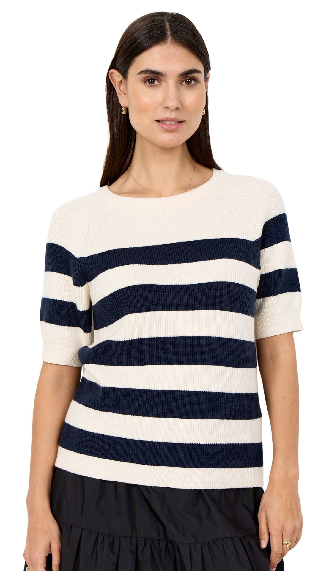 Sweater Knit Navy Stripes Short Sleeve Top. Style SOYA33797
