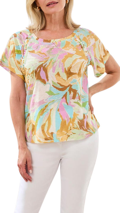 Scoop Neck Floral Print Pleat Detail Top. Style TR2435O-1557