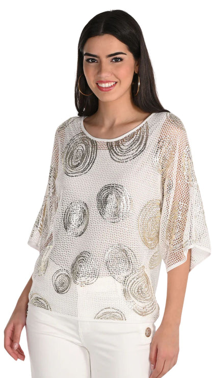 Mesh 3/4 Raglan Sleeve Circle Print Top. Style FL266120