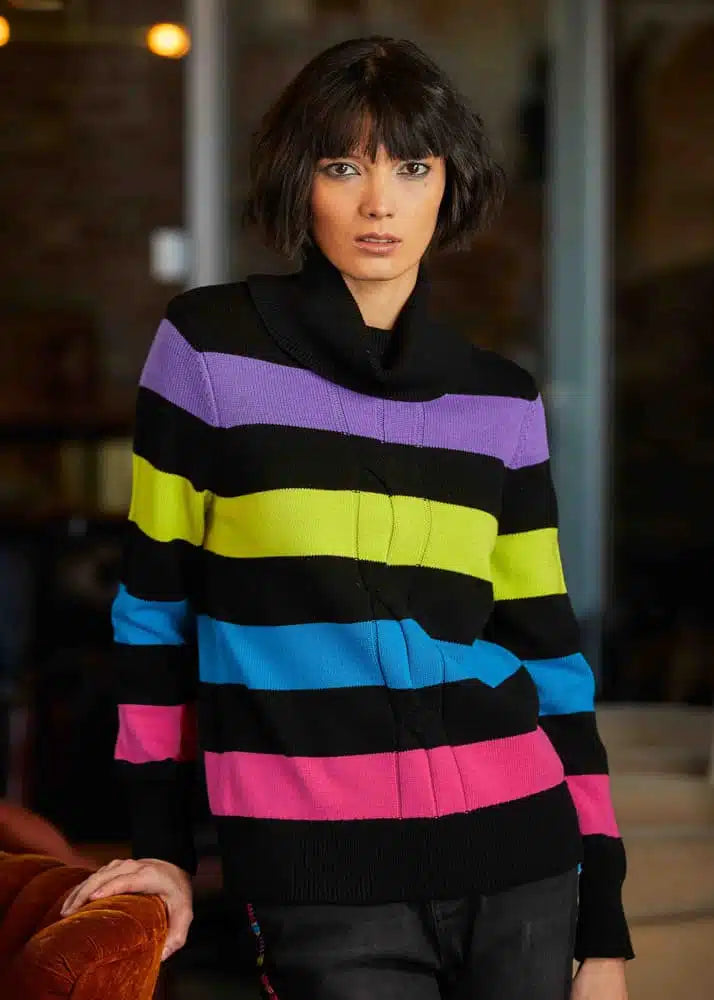 Cowl Neck Wide Striped Sweater. Style EW33061