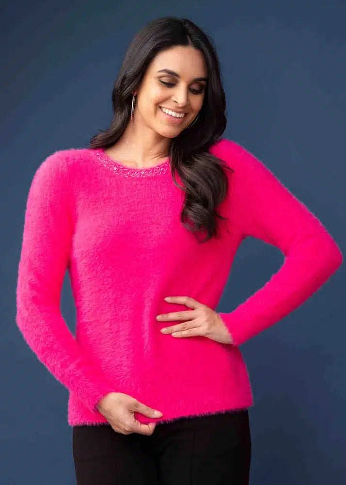 Beaded Neckline Fuzzy Knit Sweater. Syle EW33085