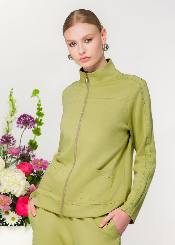 Rhinestone Details Zip Front Sweater. Style EW36105