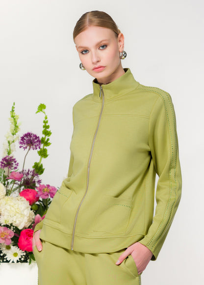 Rhinestone Details Zip Front Sweater. Style EW36105