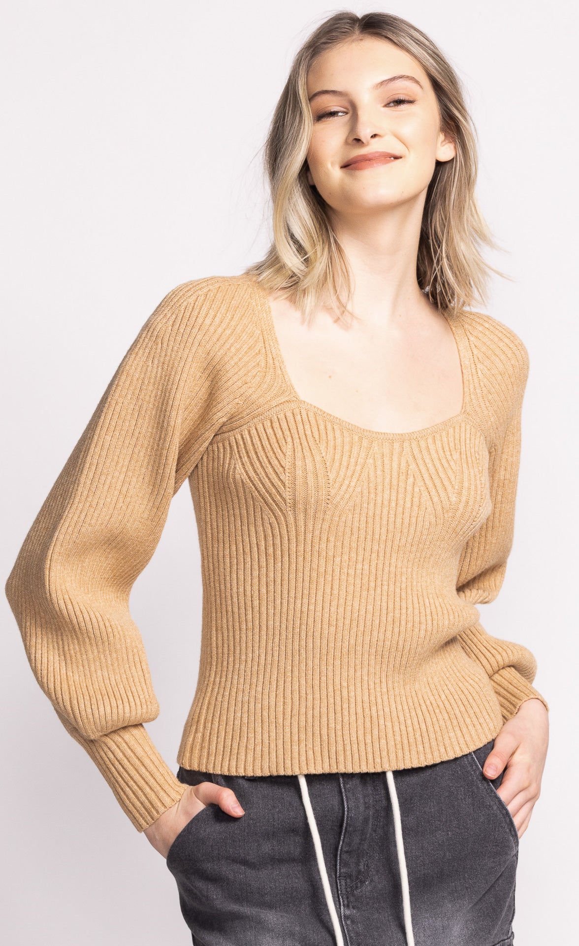 Elodie Beige Rib Knit Sweater. Style PMSW-2456BE