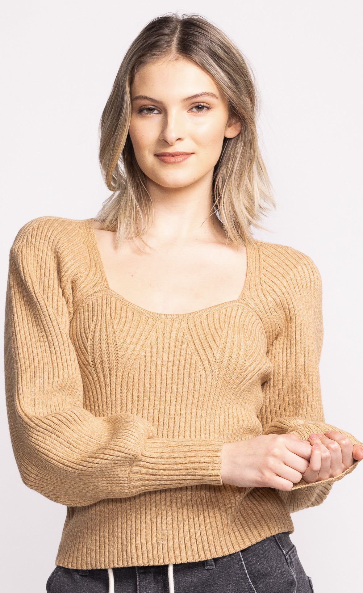 Elodie Beige Rib Knit Sweater. Style PMSW-2456BE