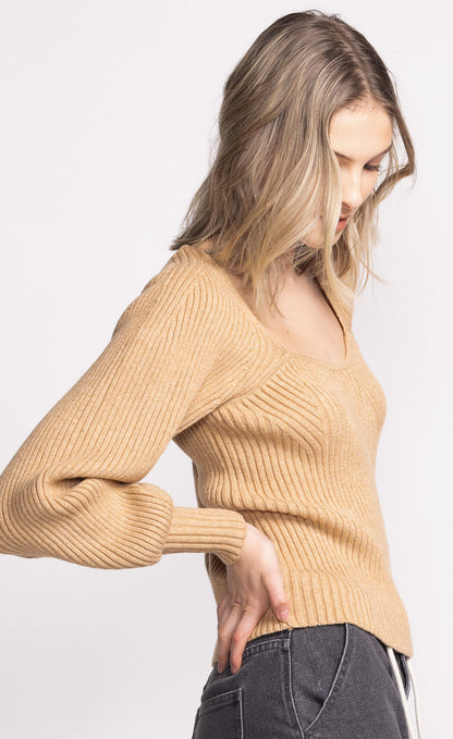 Elodie Beige Rib Knit Sweater. Style PMSW-2456BE