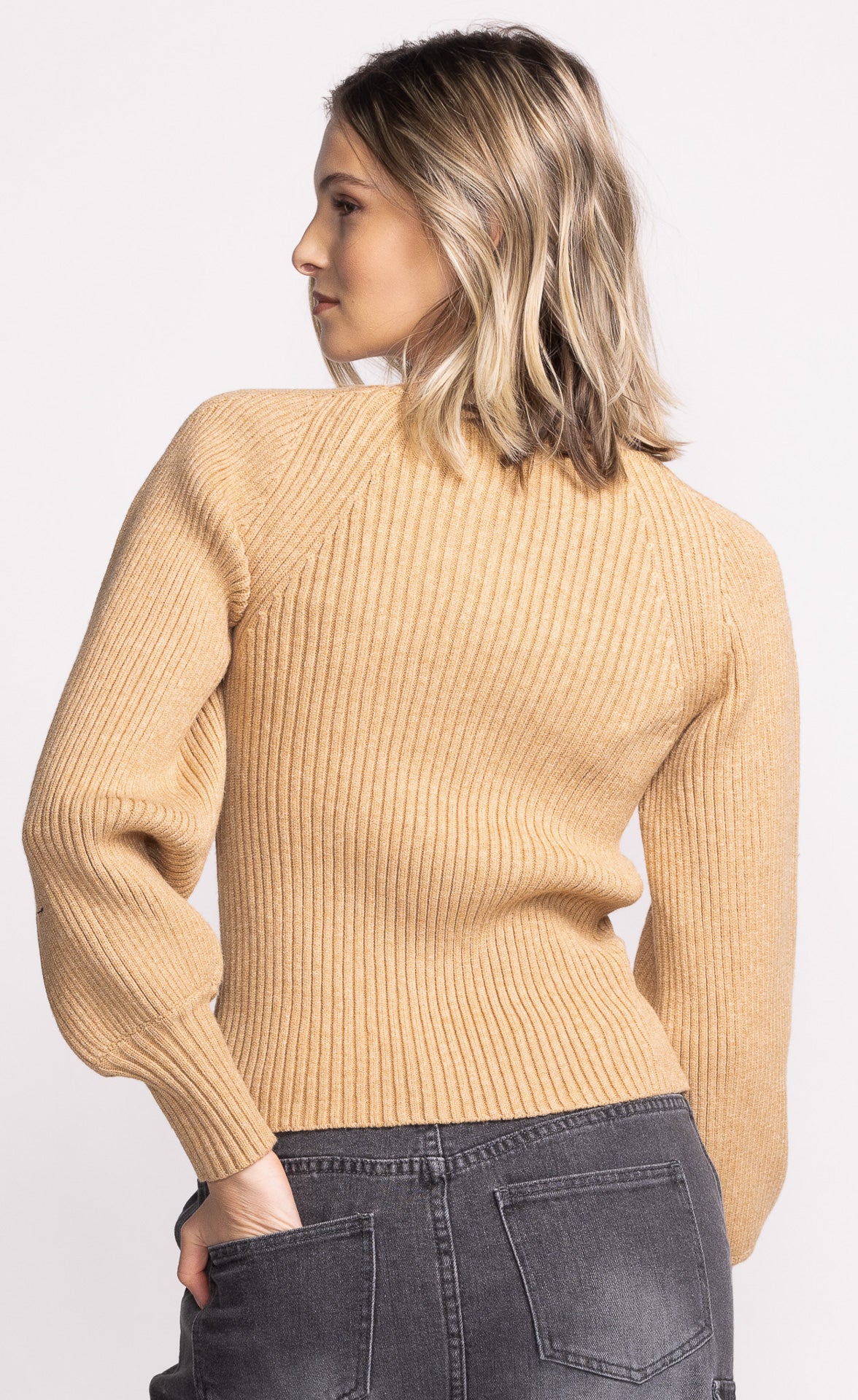 Elodie Beige Rib Knit Sweater. Style PMSW-2456BE