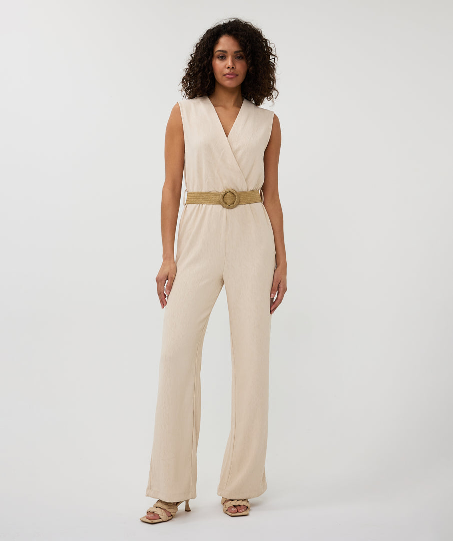 Textured Crossover Belted Jumpsuit. Style ESQSP2530018