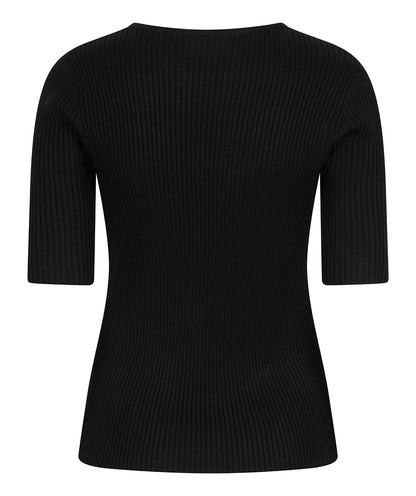 Ribbed Knit Half Sleeve Basic Black Top. Style ESQ27507
