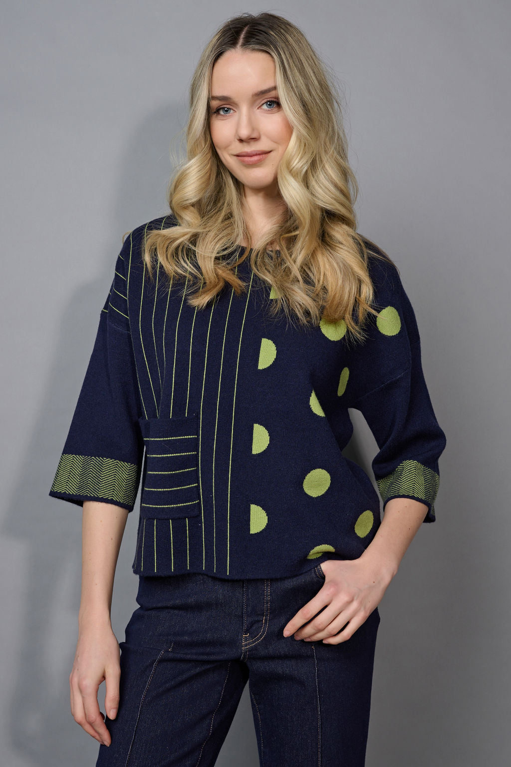 Stripes & Polka Dot Half Sleeve Top. Style PYFE116GY