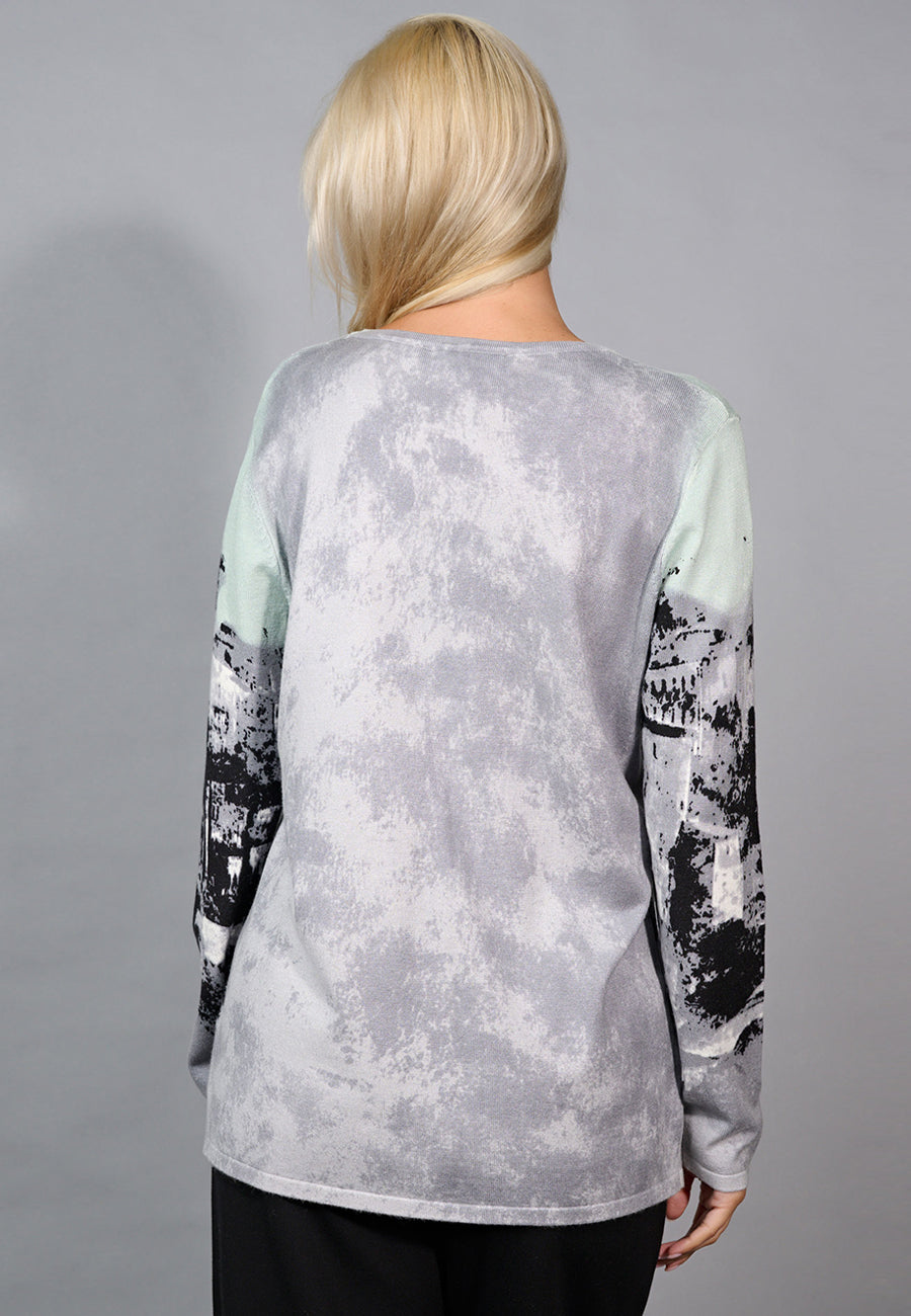 Abstract Print with Rhinestones Long Sleeve Top. Style PYFE761ZG