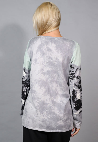 Abstract Print with Rhinestones Long Sleeve Top. Style PYFE761ZG