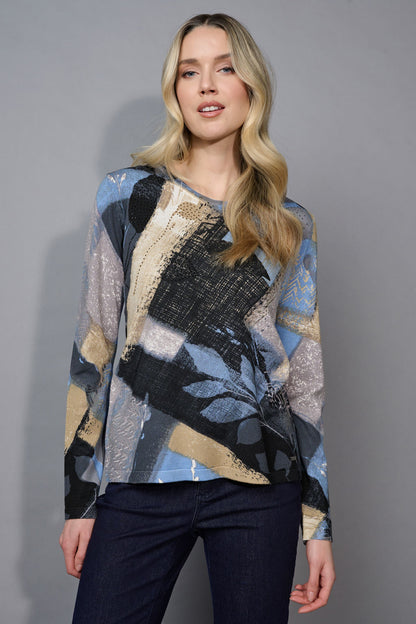 Multi Colour Abstract Print & Rhinestones Top. Style PYFK720QJ
