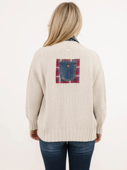 Denim Pockets & Flannel Strip Cardigan. Style SHNP5592