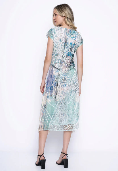 Cap Sleeves Jade Colour Printed Long Dress. Style PYGC642HH