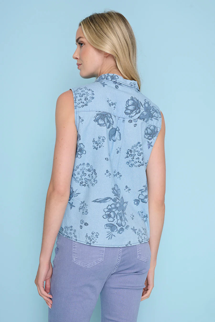 Tie Bottom Button Front Sleeveless Denim Look Top. Style PYGM314JJ
