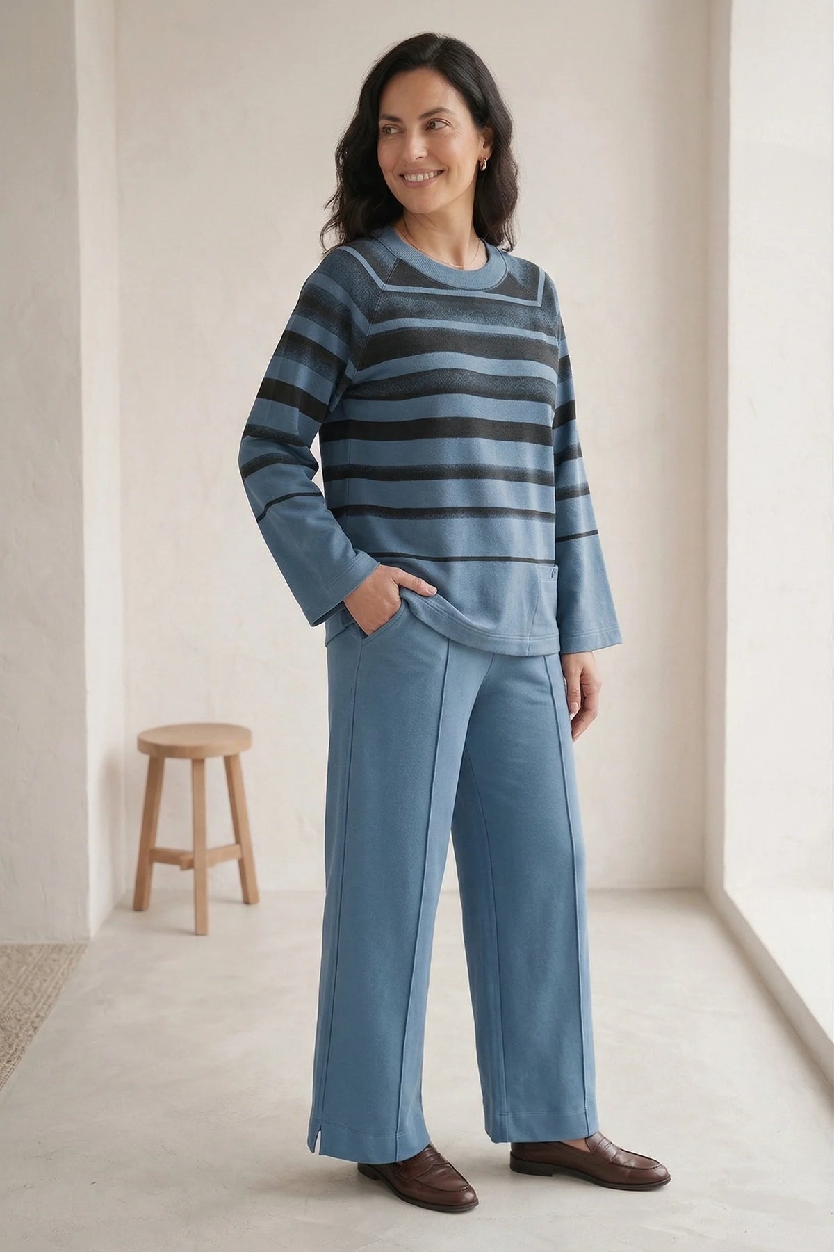 Boat Neck French Terry Striped Top. Style WP7767