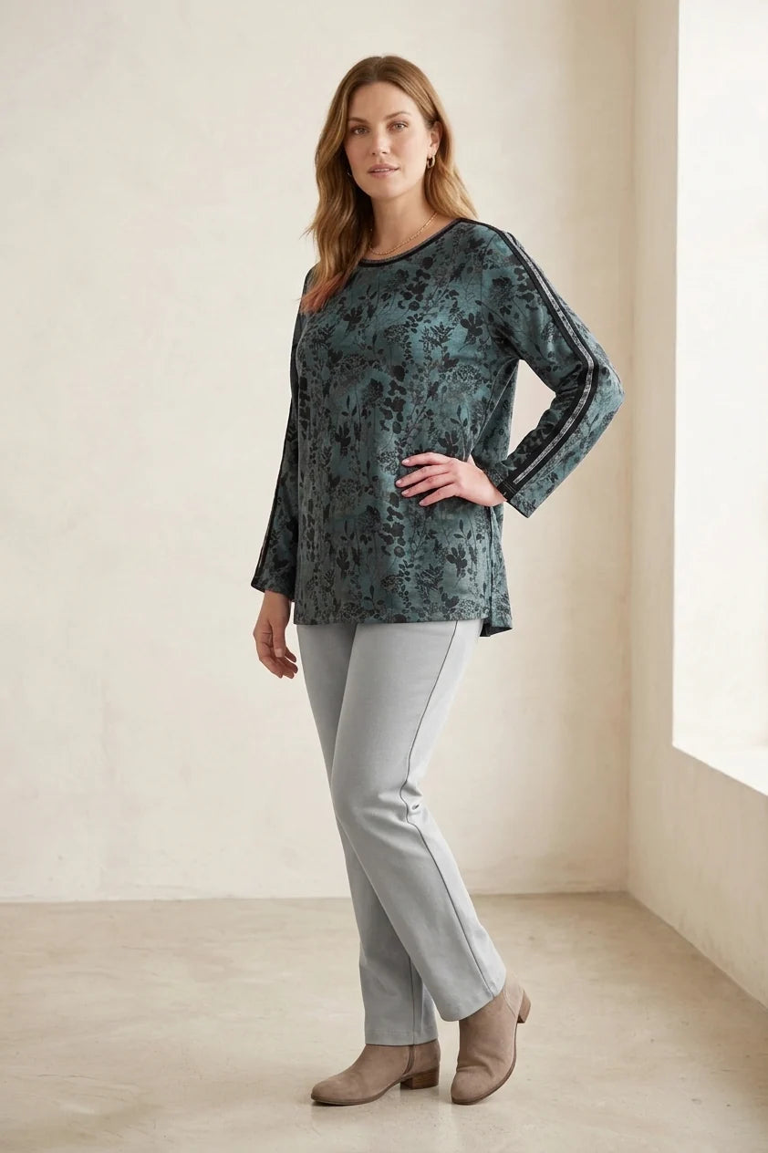 Stripe Details Leaf Print Pockets & Sides Slit Top. Style WP1273