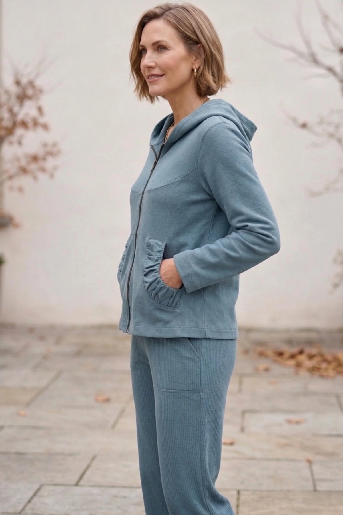 French Terry Gathering Details Zip Front Hoodie. Style WP7765