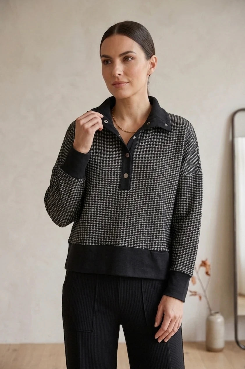 Waffle Knit Button Collar Long Sleeve Sweater. Style WPW05