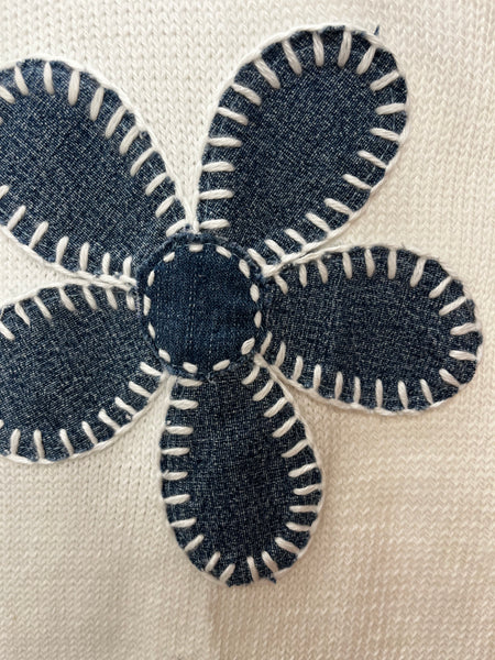 Denim & Embroidered Trim Flower Flora Sweater. Style SHNP5338