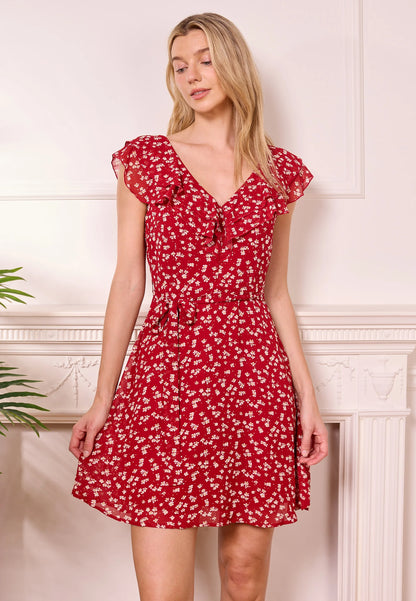Red Ditsy V-Neck Ruffles Mini Dress. Style ANEJ042571