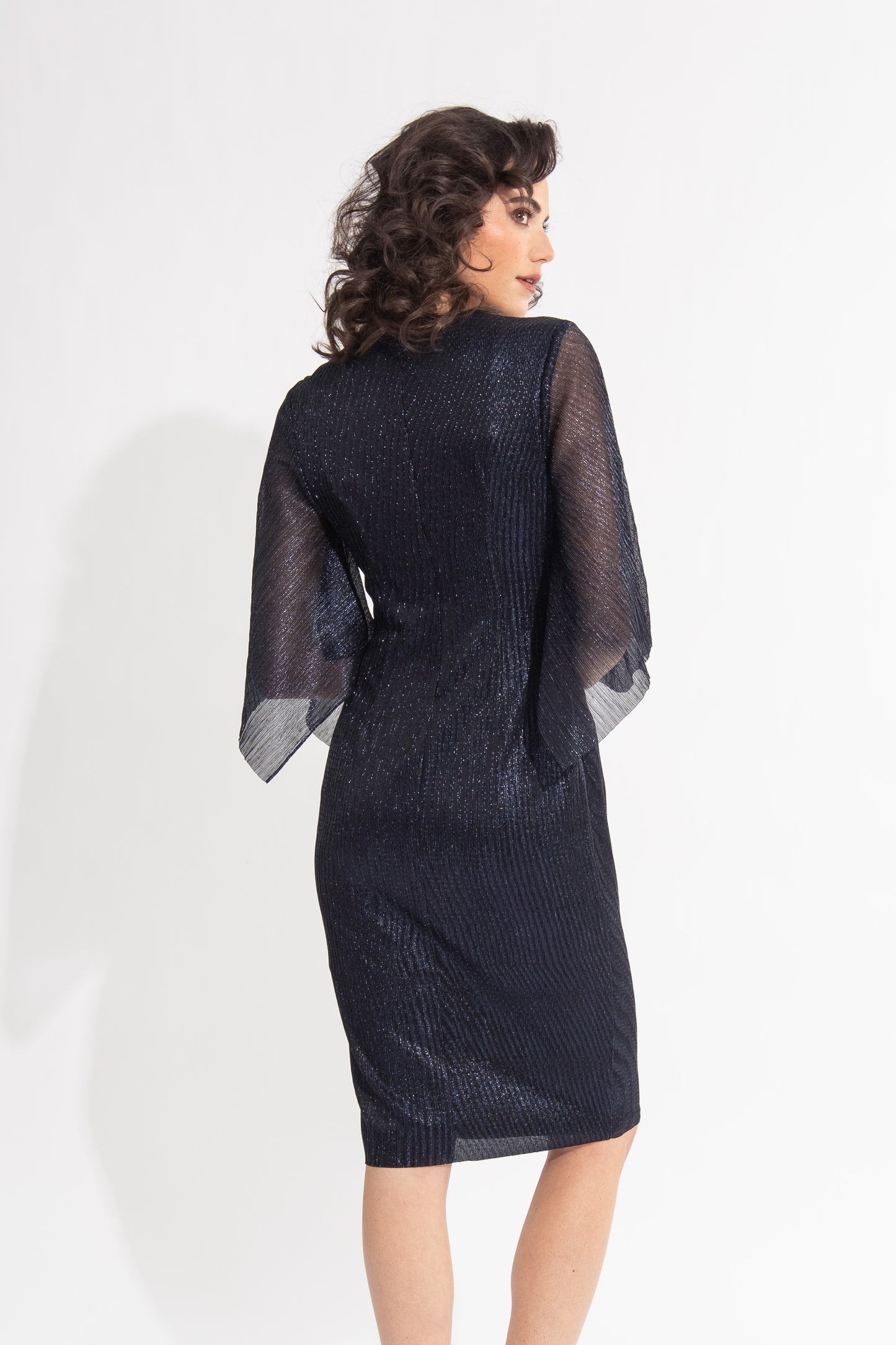 Tie Front Draped Sleeve Shimmer Dress. Style JR231715