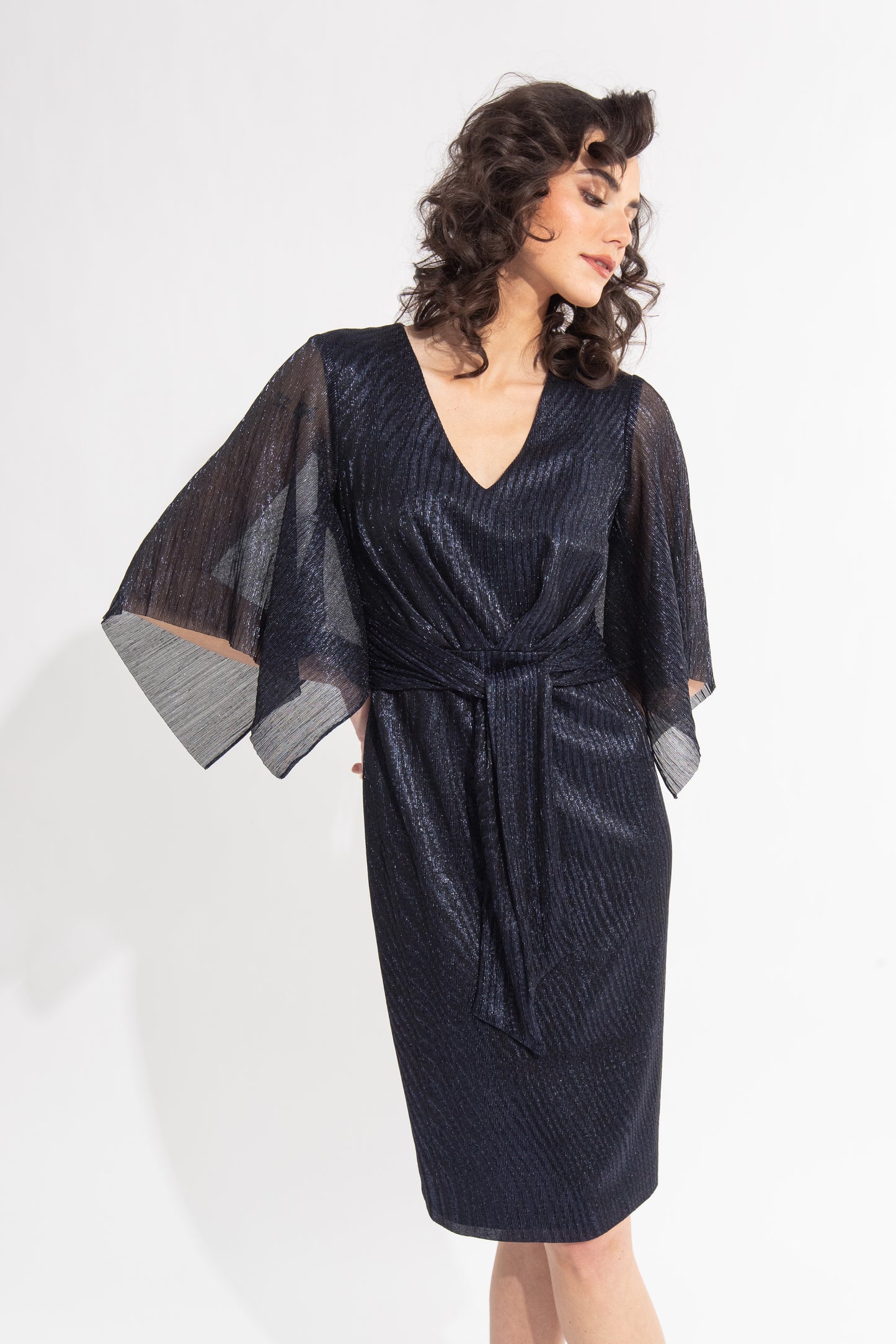 Tie Front Draped Sleeve Shimmer Dress. Style JR231715