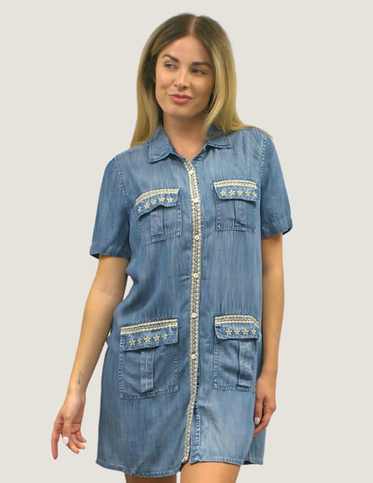 Embroidered Back Lightweight Deniml Penelope Dress. Style KSKYVK273