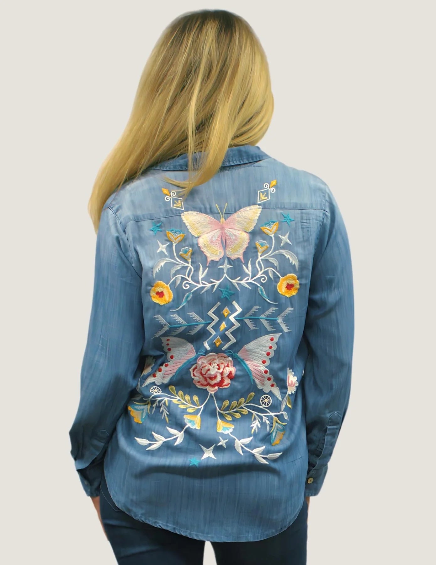 Back Embroidered Denim Julia Top. Style KSKYVK291