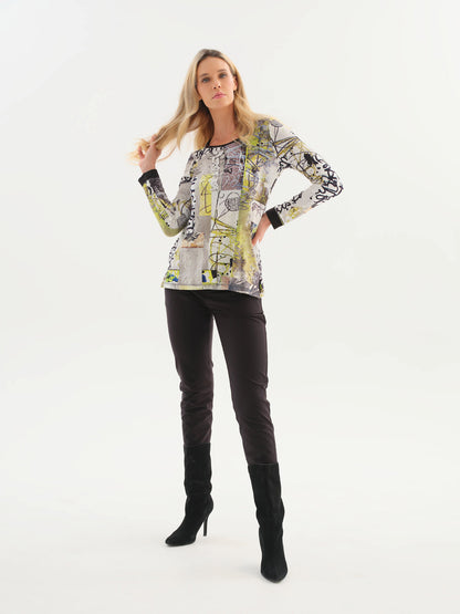 "Fragments" Artist Print Round Neck Long Sleeve Top. Style DOLC76720