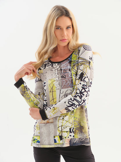 "Fragments" Artist Print Round Neck Long Sleeve Top. Style DOLC76720