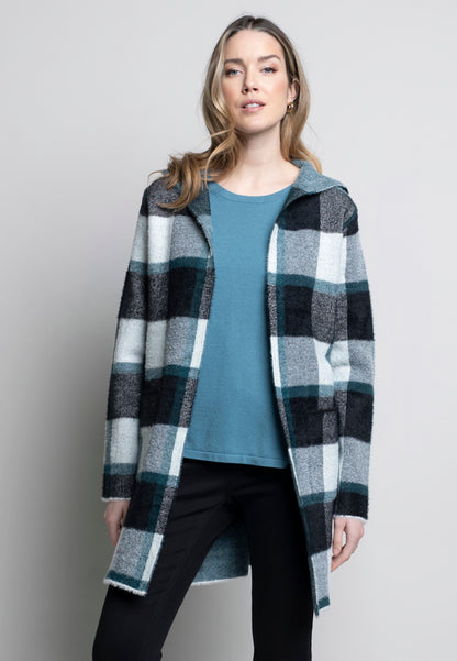 Hooded Plaid Open Front Cardigan. Style PYLK41210