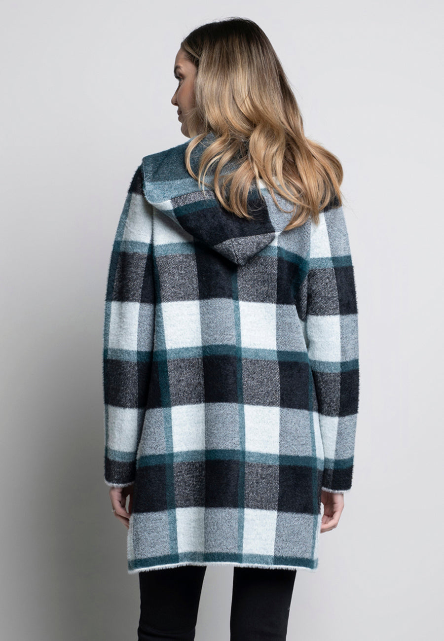 Hooded Plaid Open Front Cardigan. Style PYLK41210