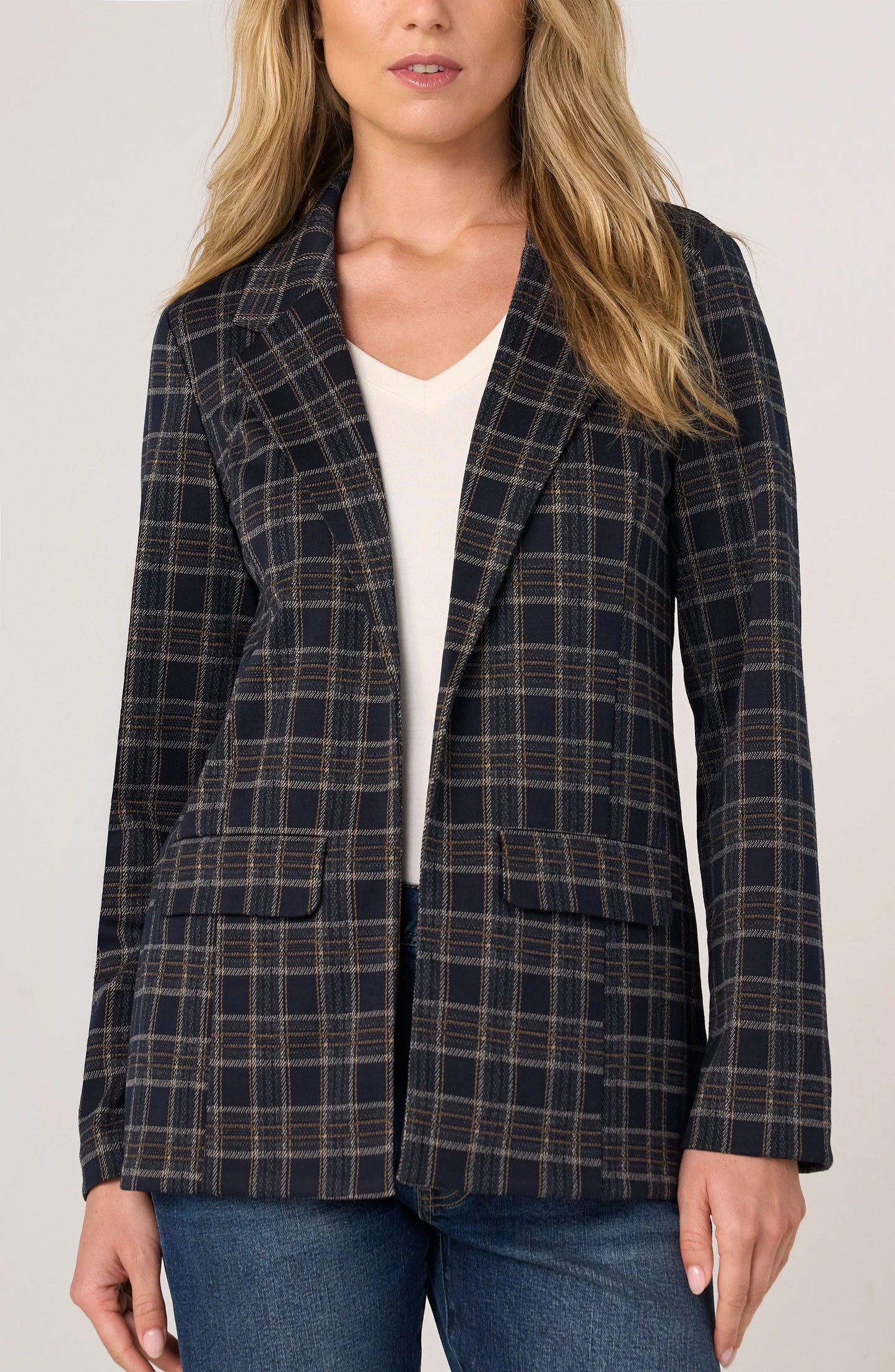Open Front Plaid Boyfriend Blazer. Style LVLM1210TY03