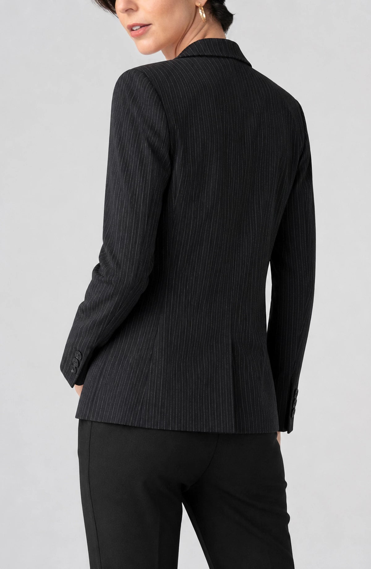 Fitted Pinstripe Button Front Blazer. Style LVLM1C98TY01