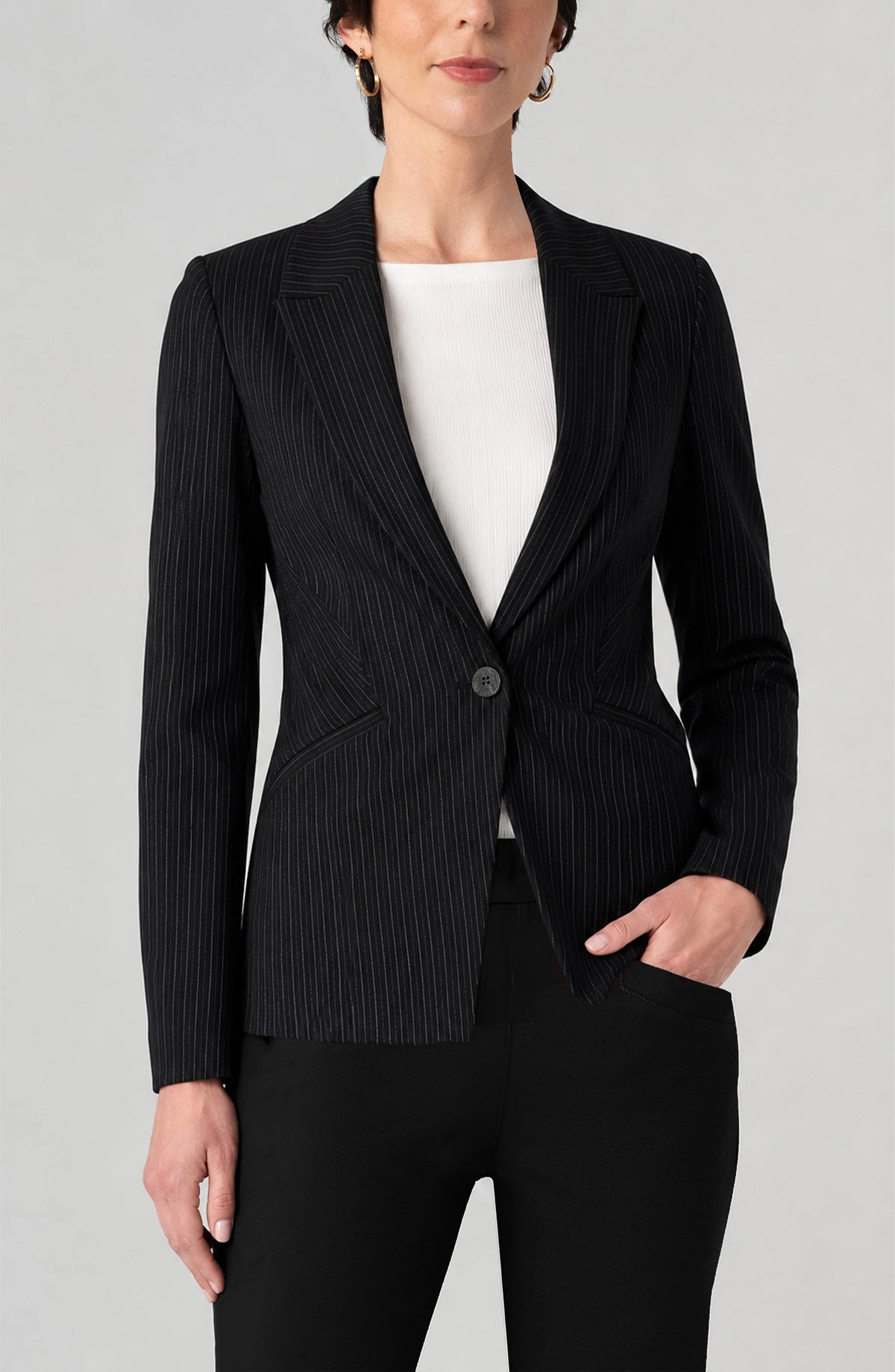 Fitted Pinstripe Button Front Blazer. Style LVLM1C98TY01