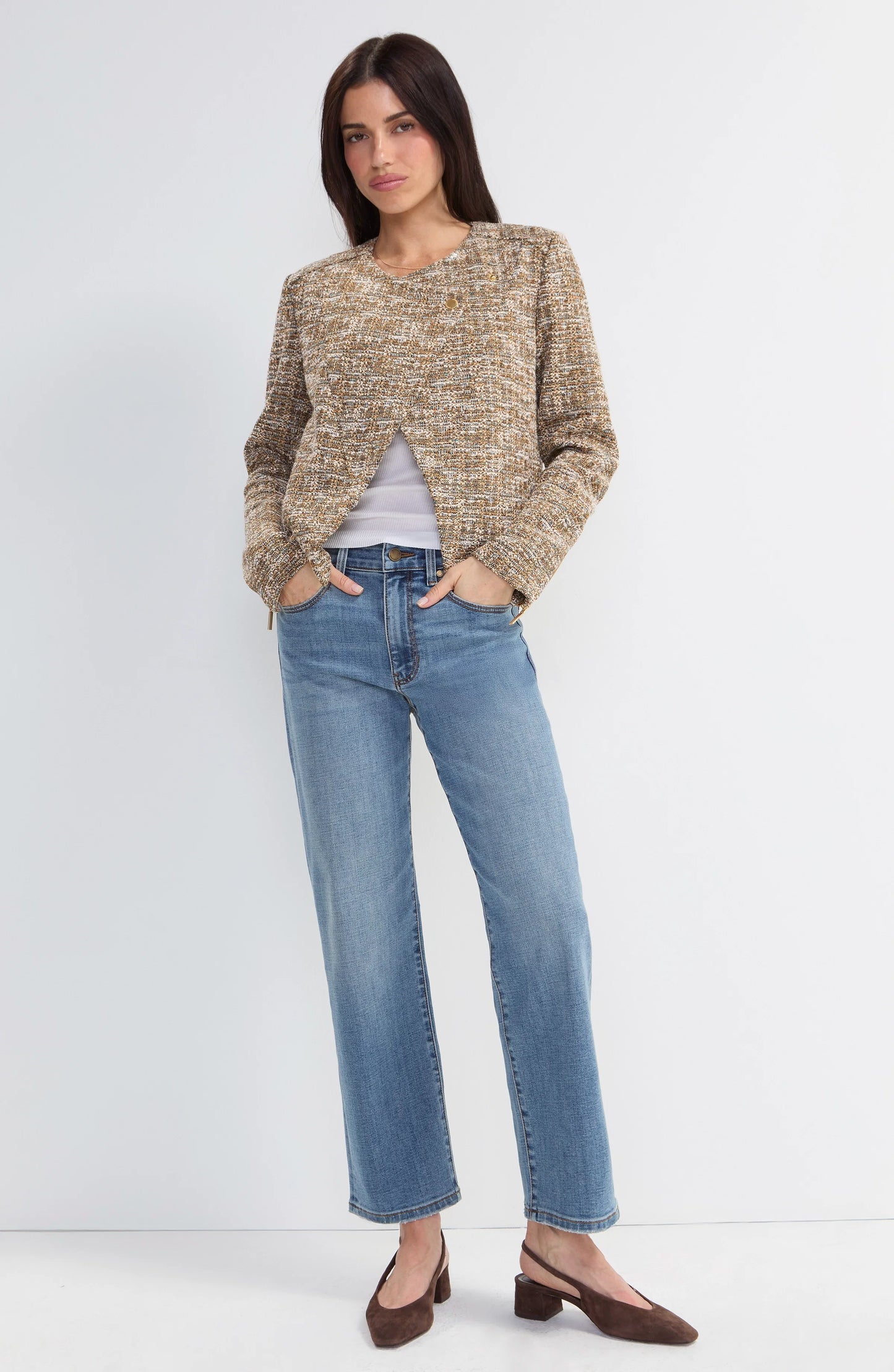 Collarless Tweed Crop Moto Jacket. Style LVLM1D39BC22