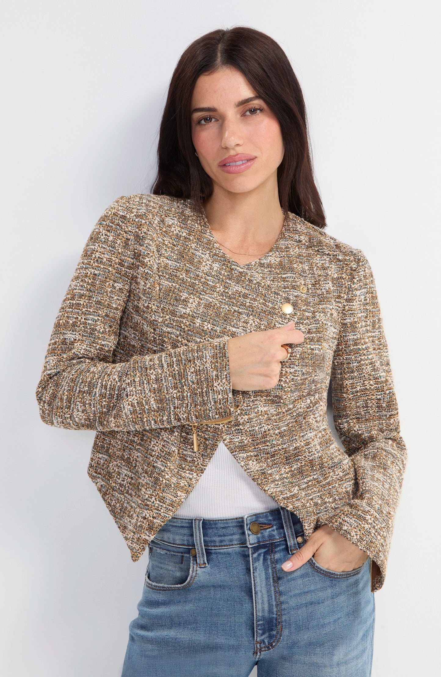 Collarless Tweed Crop Moto Jacket. Style LVLM1D39BC22
