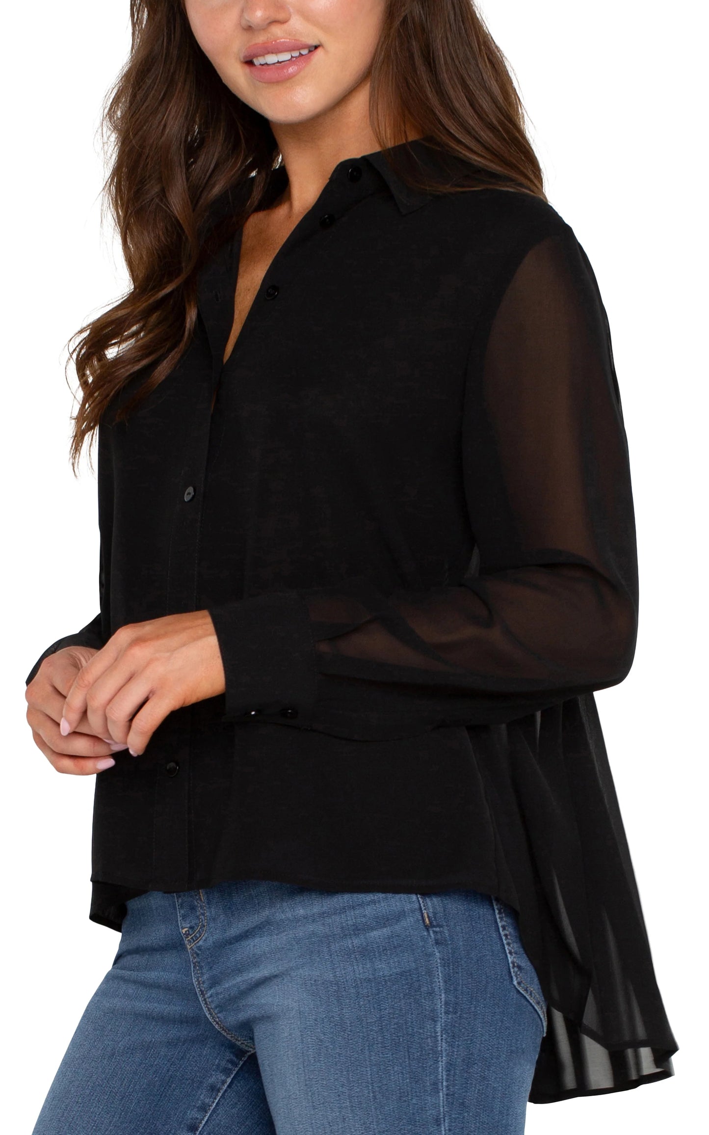 Sheer Sleeve Back Pleat Blouse. Style LVLM8E02HD4