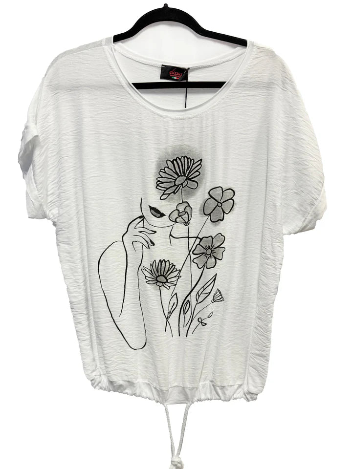 Drop Shoulder Flower & Woman Outline Top. Style EELX34187