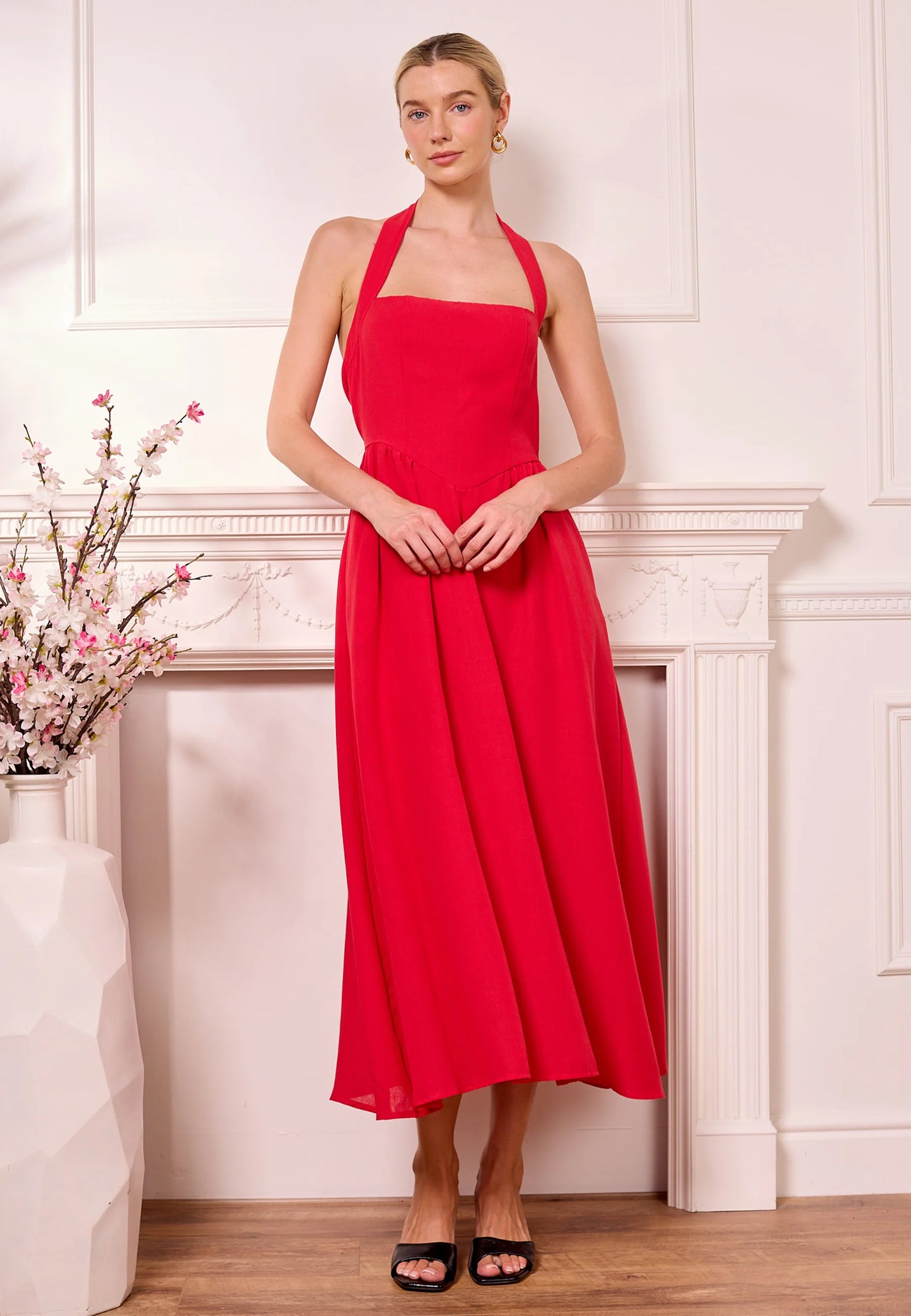 Maxi Drop-Waist Red Halterneck Dress. Style ANEM042478