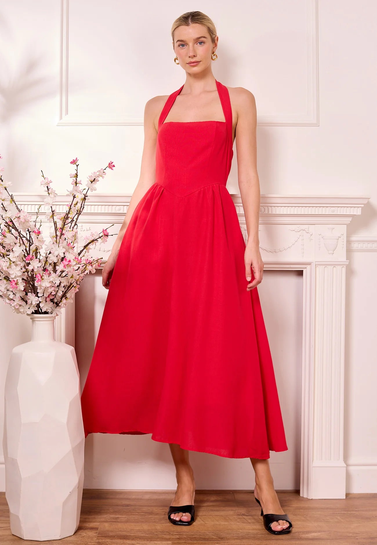 Maxi Drop-Waist Red Halterneck Dress. Style ANEM042478
