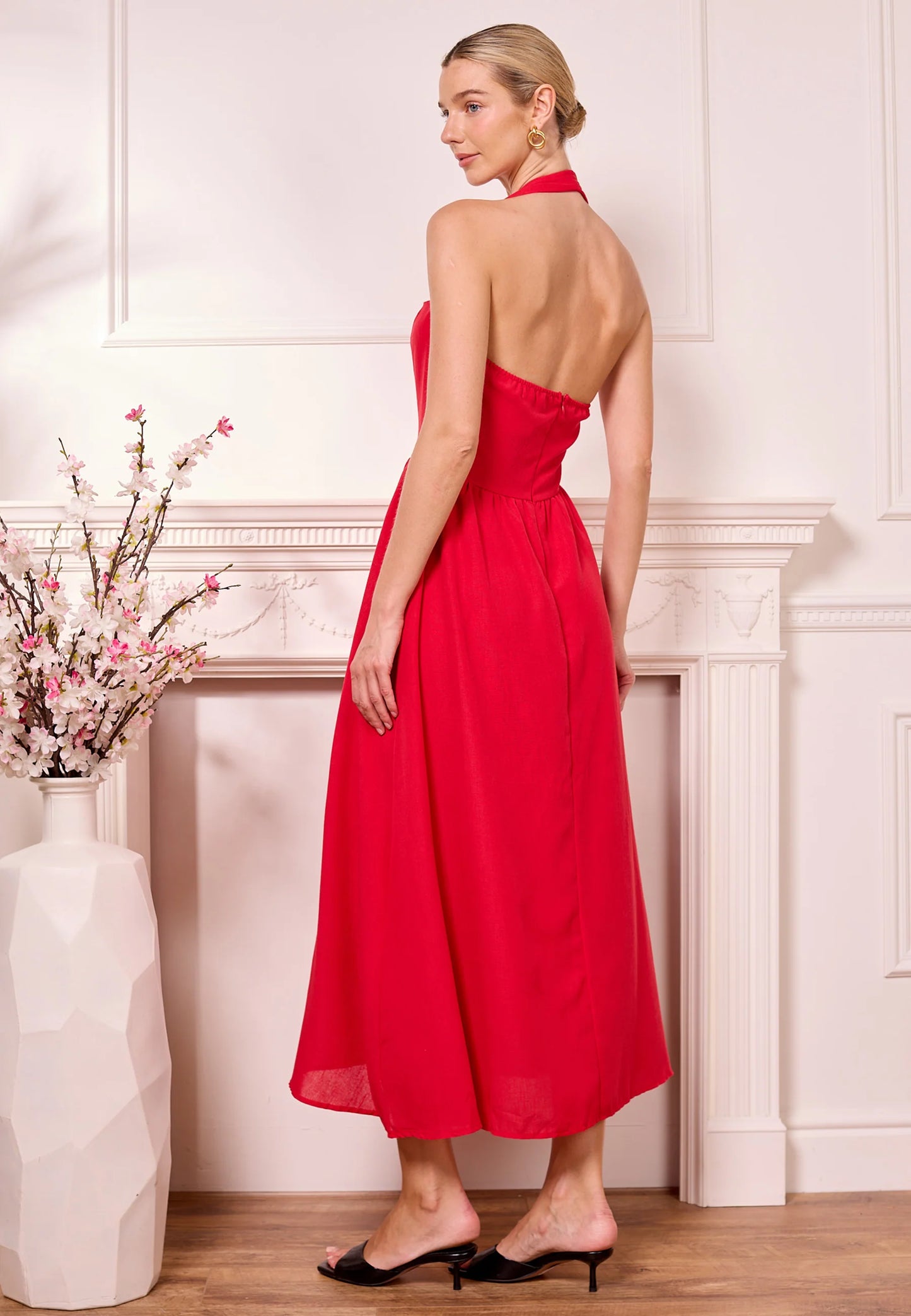 Maxi Drop-Waist Red Halterneck Dress. Style ANEM042478
