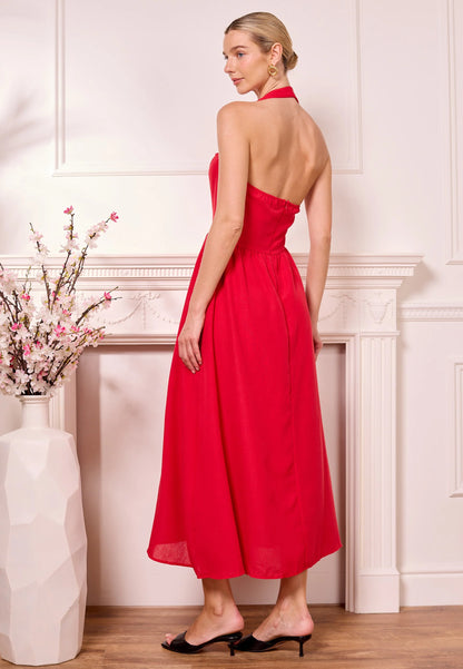 Maxi Drop-Waist Red Halterneck Dress. Style ANEM042478