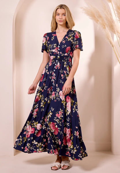Navy Floral Print Ruched Waist Maxi Dress. Style ANEM042581