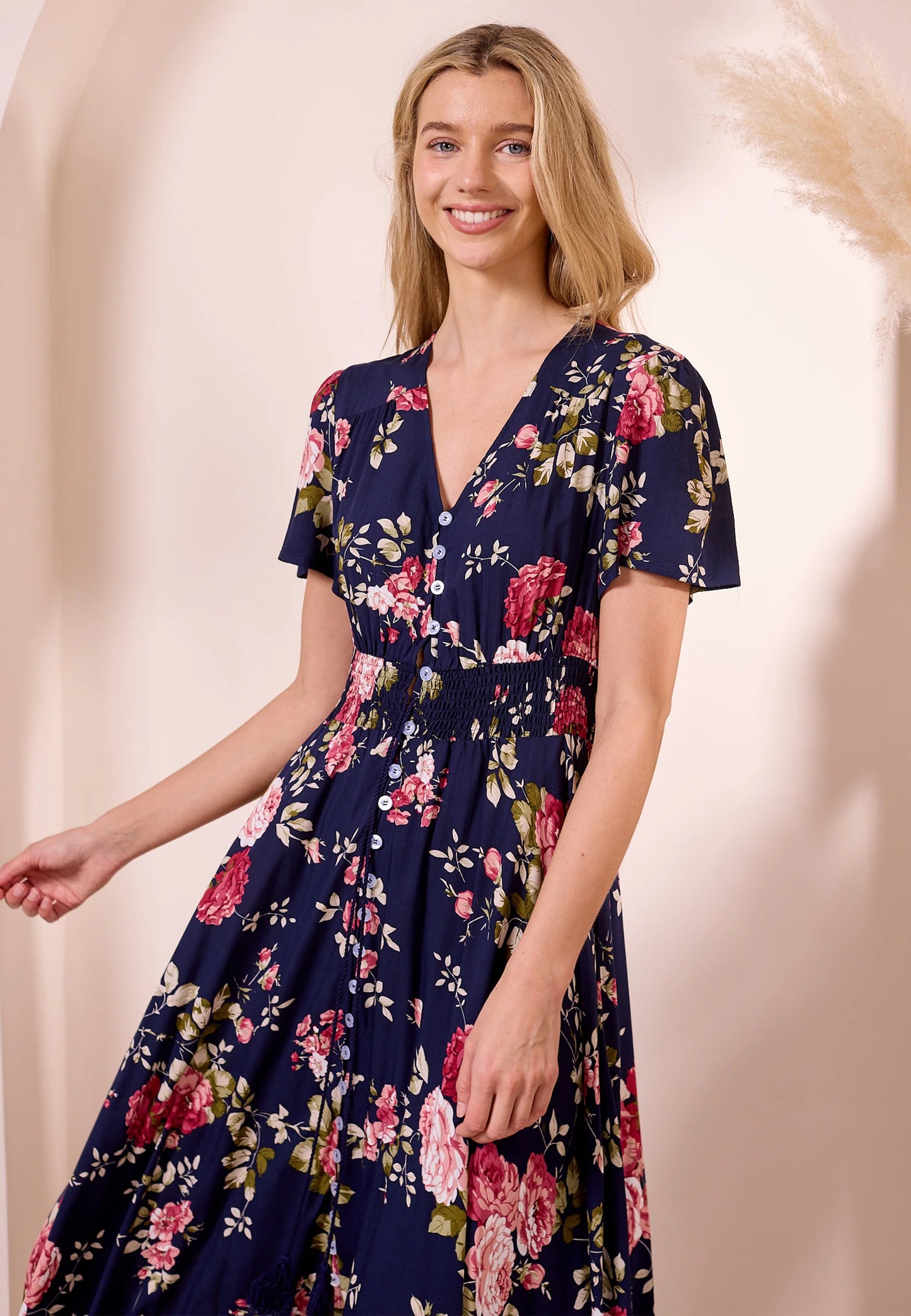 Navy Floral Print Ruched Waist Maxi Dress. Style ANEM042581