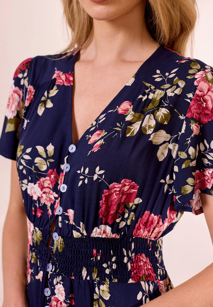 Navy Floral Print Ruched Waist Maxi Dress. Style ANEM042581
