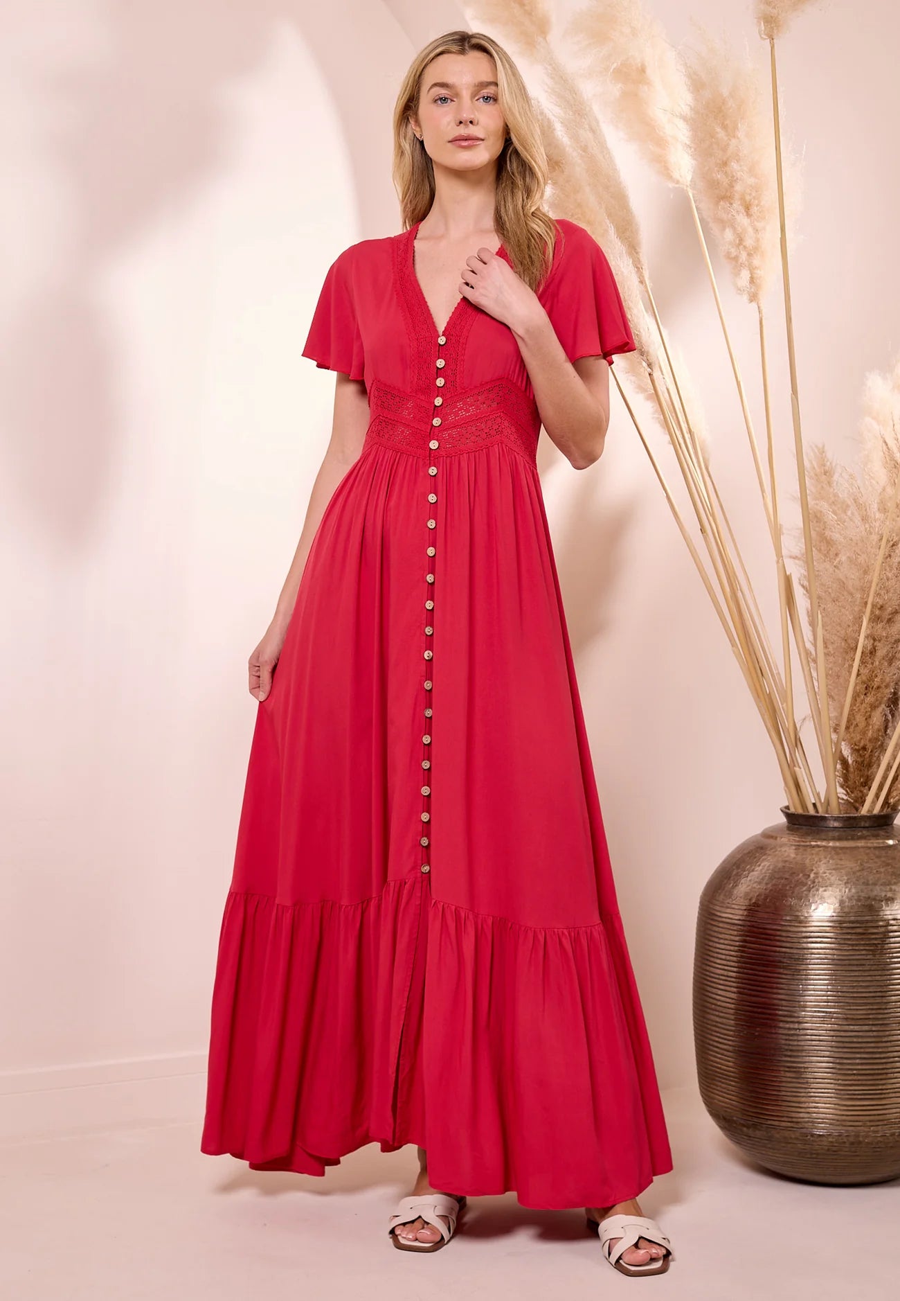 Crochet & Buttons Red Maxi Dress. Style ANEM043686