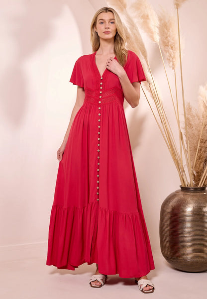 Crochet & Buttons Red Maxi Dress. Style ANEM043686